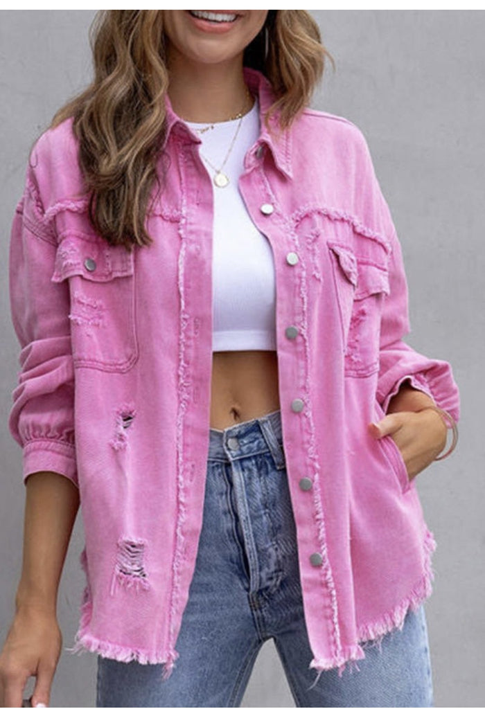 Pink Distressed Denim Jacket
