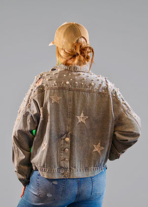 Pearl Studded and Star Embroidered Denim Jacket