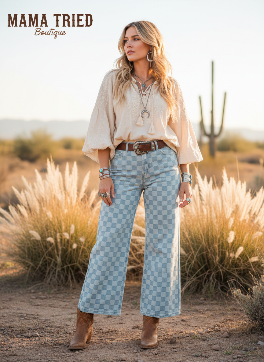 Checkered Denim Pants