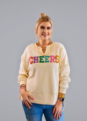 Cream Multicolor 'Cheers' Rhinestone Patch Sweatshirt