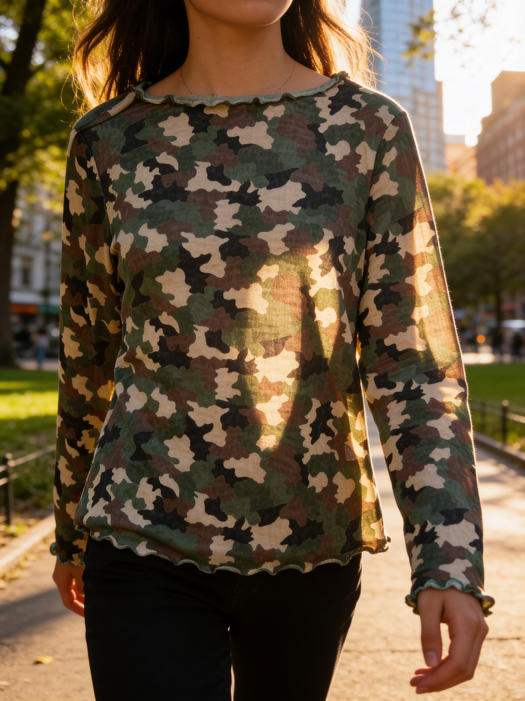 Green and Brown Camo Mesh Top