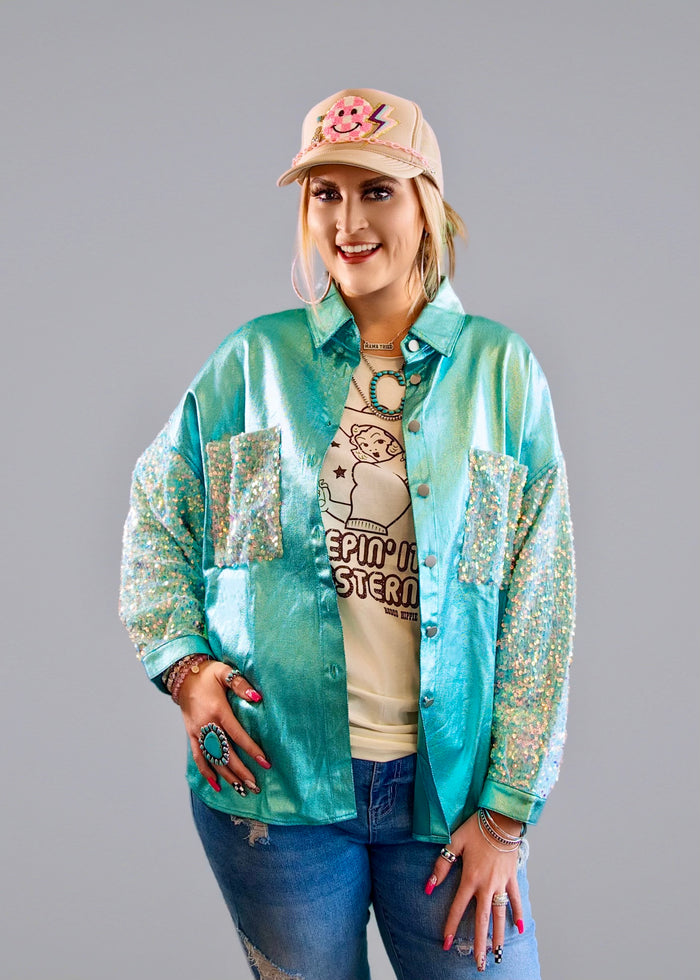 Sequin Metallic Turquoise Shacket